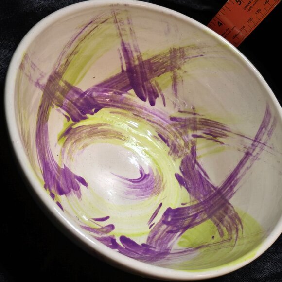 Handcrafted Ceramic Bowl With Abstract Purple & Green Brushstrokes - Picture 1 of 9